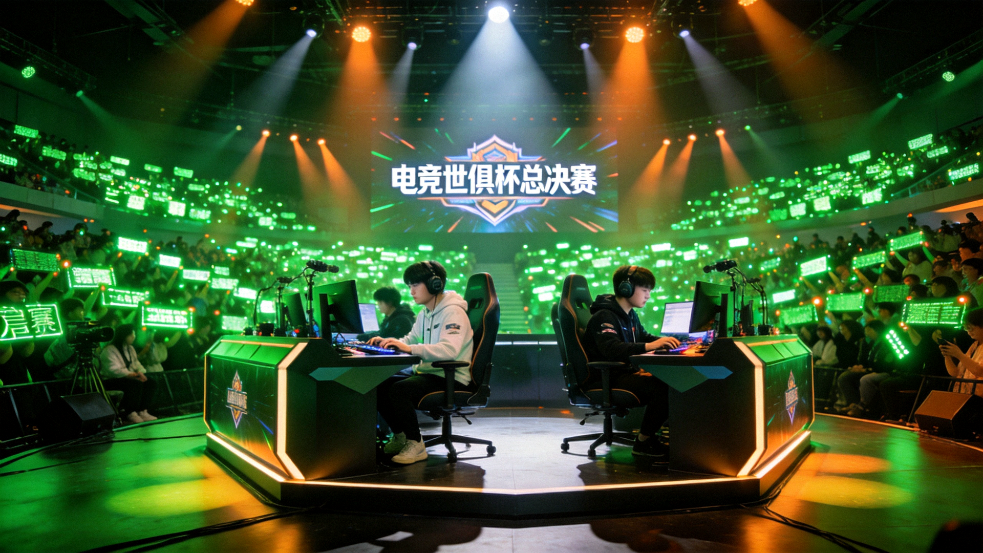 电竞世俱杯总决赛现场：选手坐于舞台中央对战舱内，聚光灯与绿色应援灯牌照亮全场